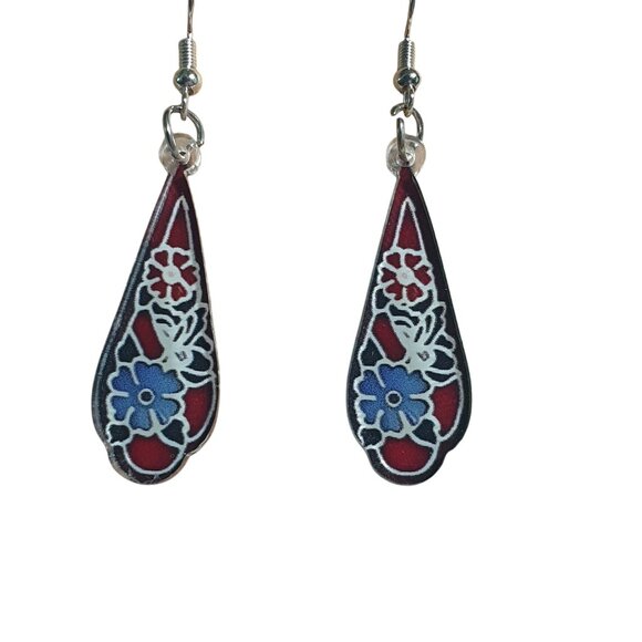 Stained Glass Look Teardrop Dangle Earring Acrylic Floral Art Design Lightweight - Picture 3 of 4